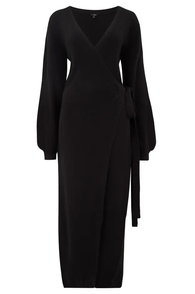 Elle Knit Midi Wrap Dress in Black | Pour Moi