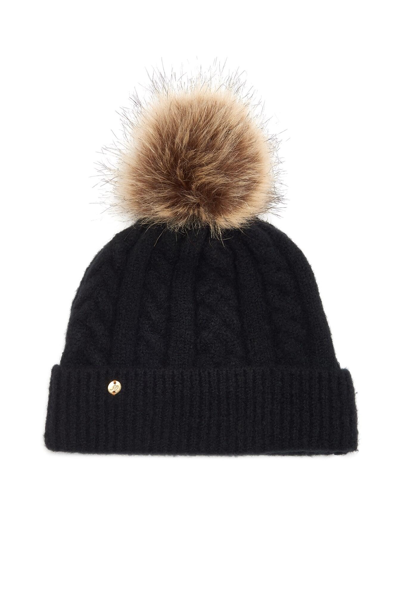 Cable Knit Contrast Pom Beanie Hat | Black/Neutral | Pour Moi