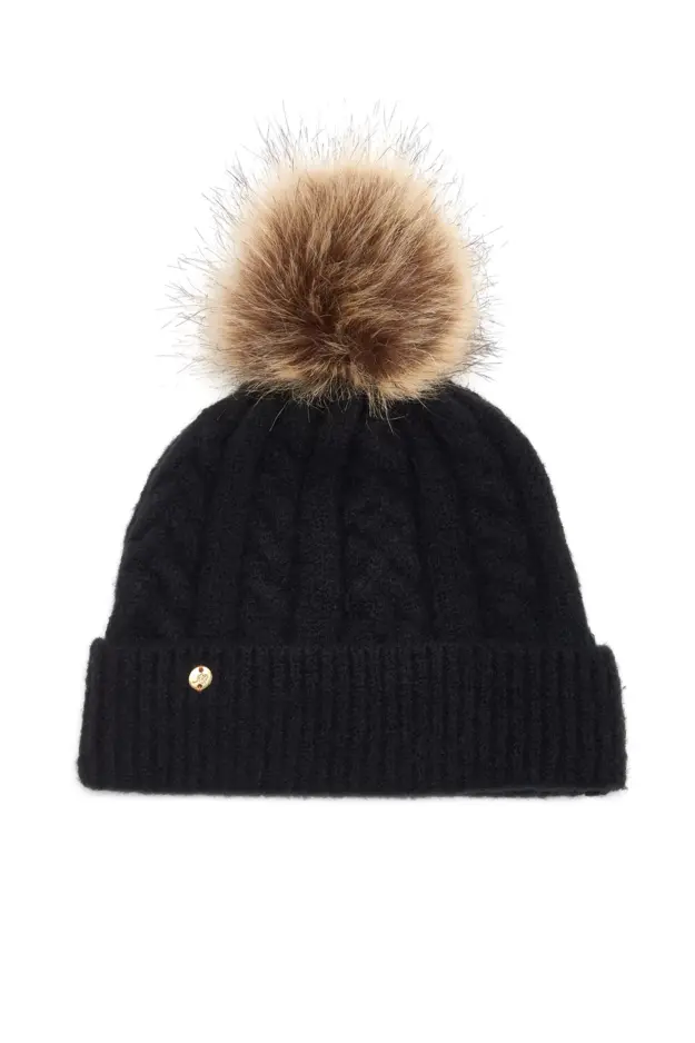 Cable Knit Contrast Pom Beanie Hat in Black/Neutral | Pour Moi