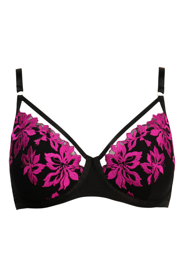 Roxie Embroidered Strapped Lightly Padded Bra, Black/Hot Pink