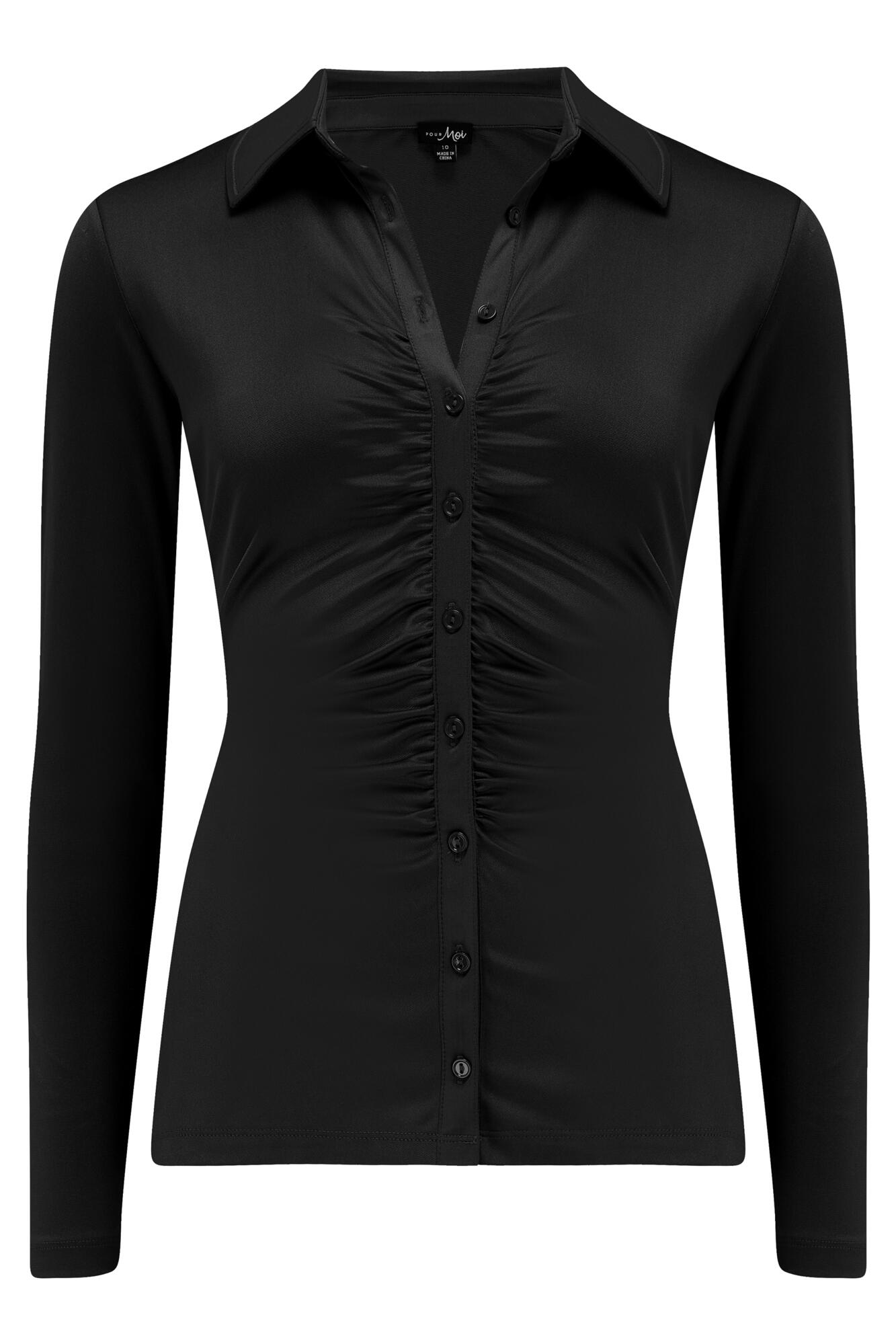 Brooke Shine Stretch Jersey Ruched Front Shirt in Black | Pour Moi