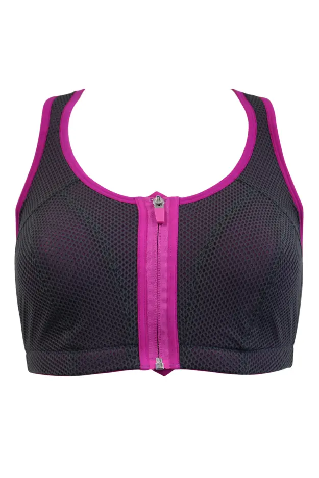 Energy Elevate Non-Wired Zip Front Sports Bra | Grey/Orchid | Pour Moi
