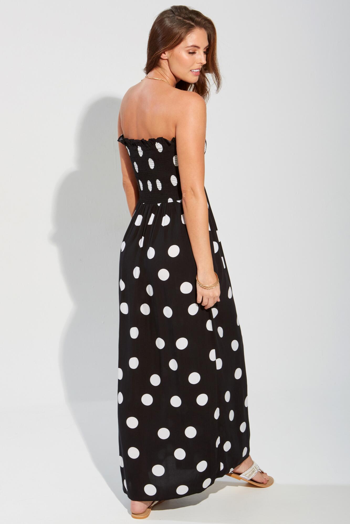 Strapless Shirred Bandeau Maxi Beach Dress in Mono Spot Pour Moi