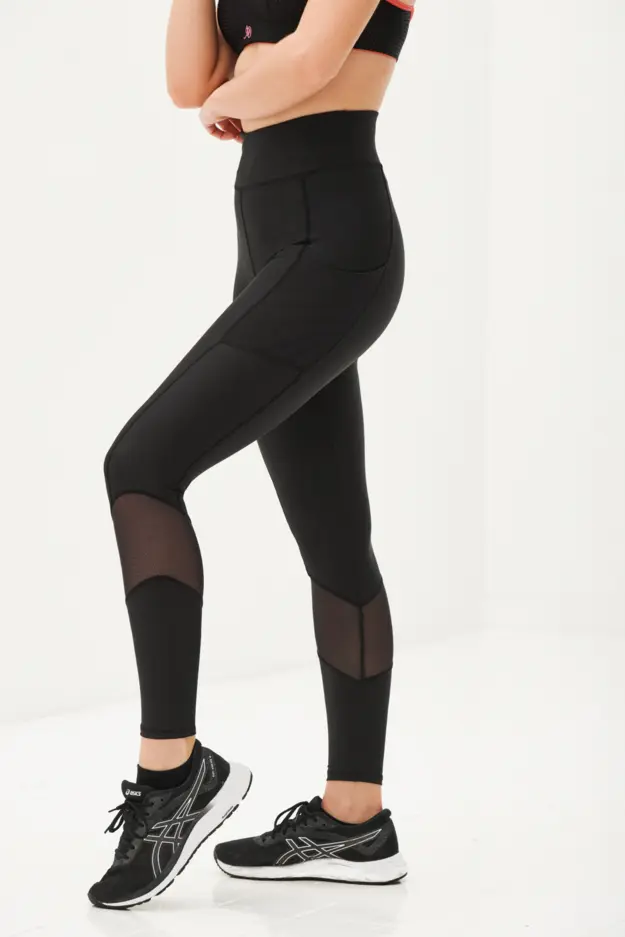 Women's Fitness Leggings, Front Cross mesh Panel, Side Pockets, Suitable  for Yoga Fitness Running-Black