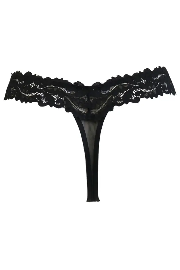 India Lace and Mesh Thong, Black