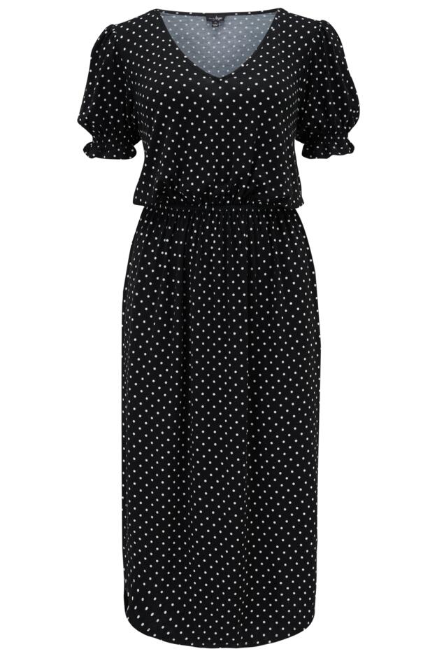 Jenny Puff Sleeve Stretch Midi Dress | Black/White Spot | Pour Moi