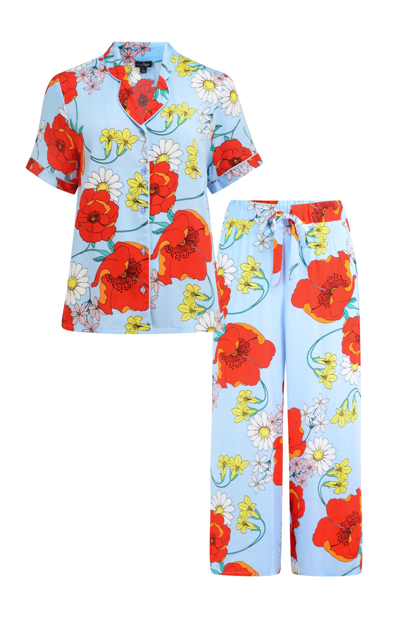 Luxe Woven Revere Collar Cropped Leg Pyjama Set in Blue Poppy | Pour Moi