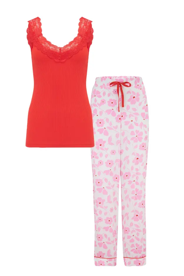 Luxe Woven Trouser & Cami Pyjama Set, Pink Floral
