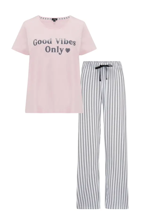 Good Vibes Cotton Jersey Pyjama Set, Pink/Black