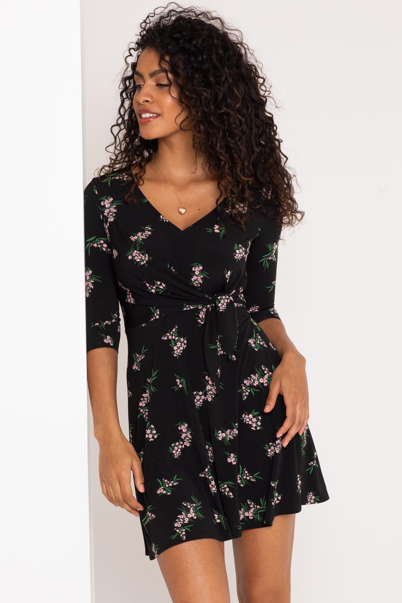 Blair Slinky Jersey Tie Waist Dress in Black Floral Pour Moi