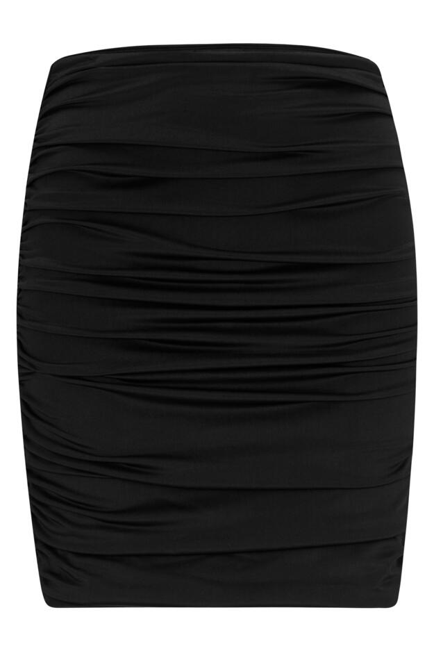 Adele Shine Jersey Ruche Mini Skirt in Black | Pour Moi