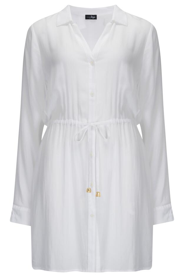 Crinkle Button Through Beach Shirt in White | Pour Moi