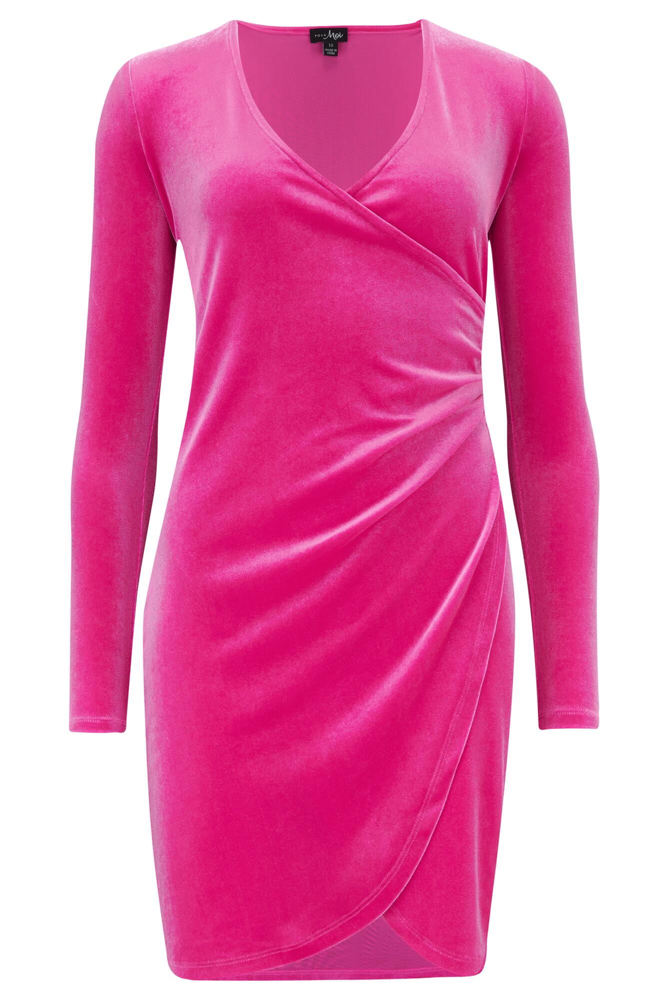 Suki Stretch Velvet Wrap Bodycon Dress in Hot Pink Pour Moi