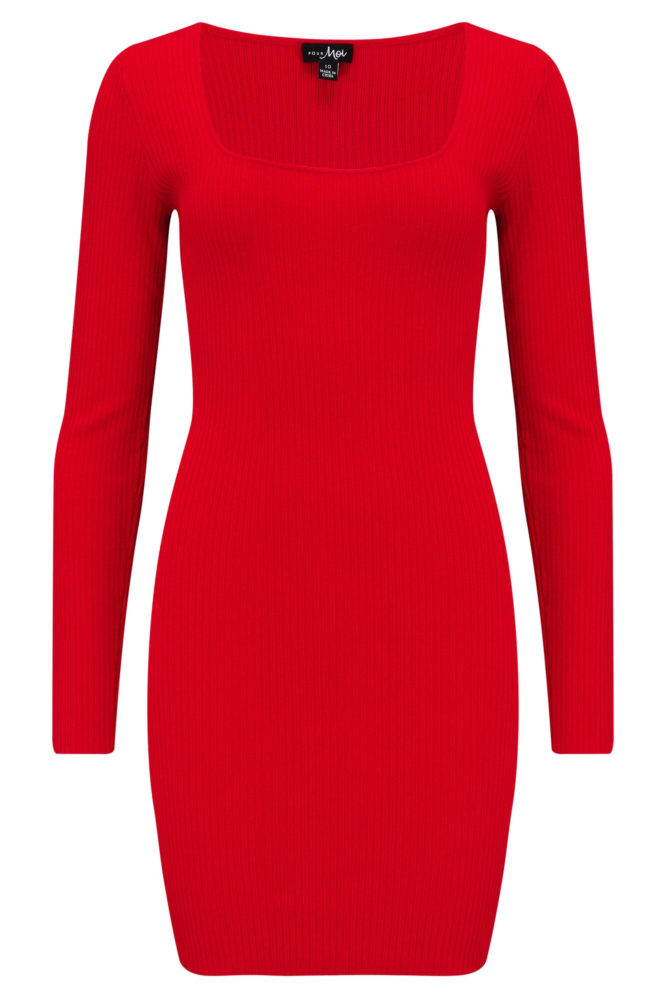 Red square neck hot sale dress long sleeve