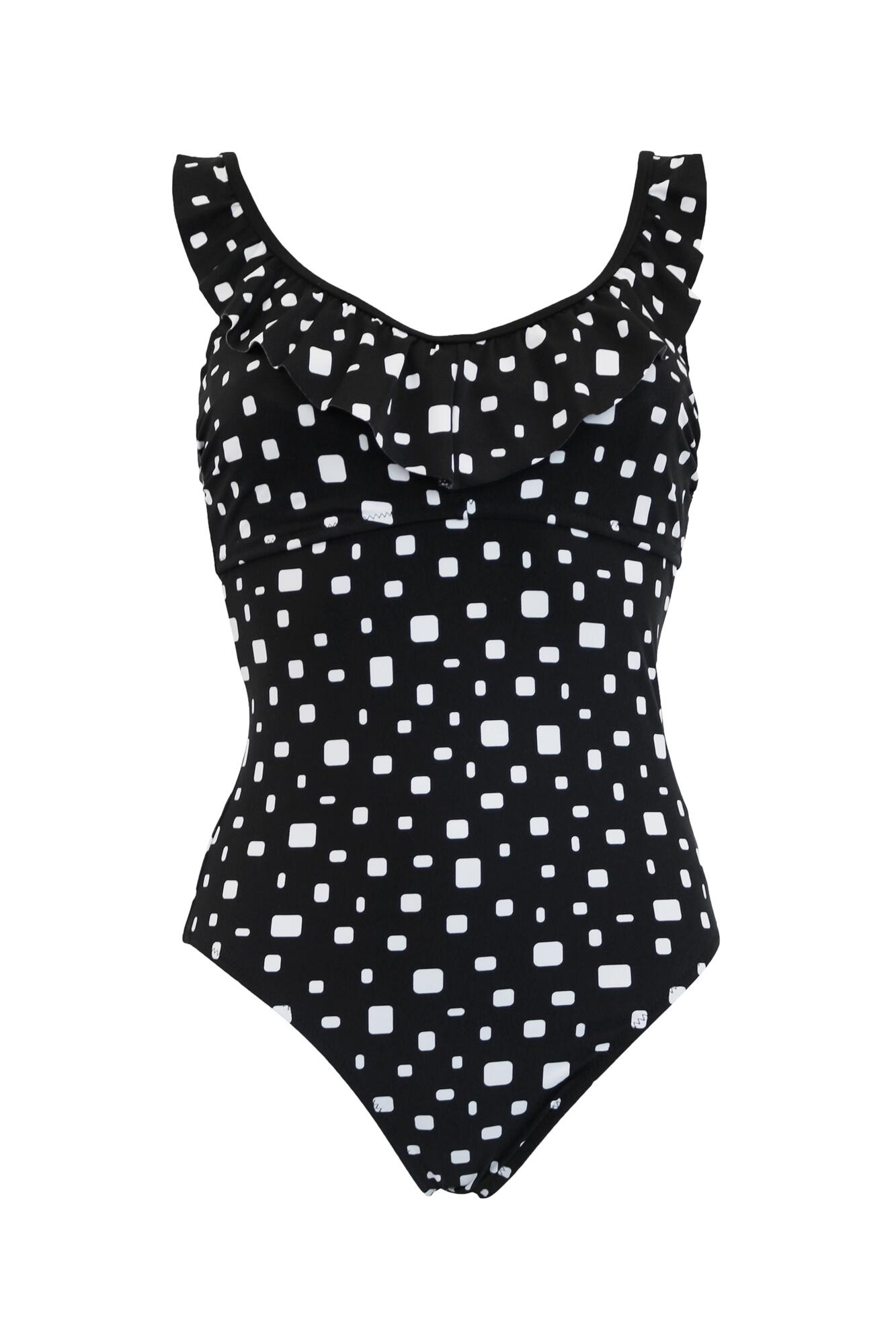 Cascade Hidden Underwired Frill Tummy Control Swimsuit in Black/White