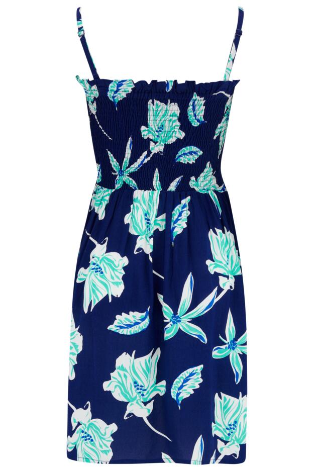Strapless Shirred Bandeau Short Beach Dress in Navy Tropical | Pour Moi