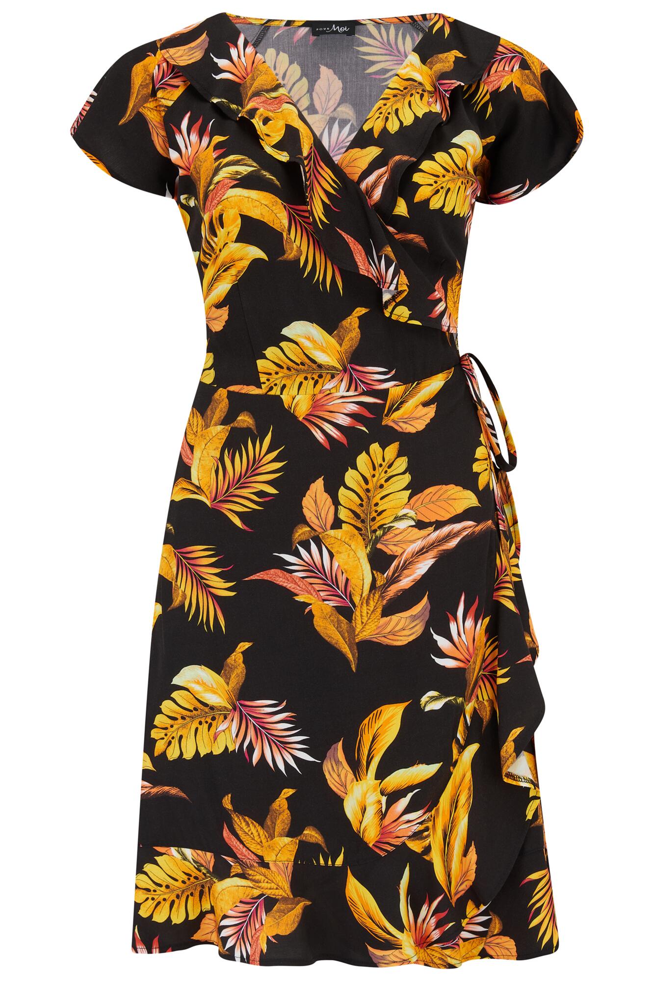 LENZING™ ECOVERO™ Viscose Frill Wrap Beach Dress in Black/Gold | Pour Moi