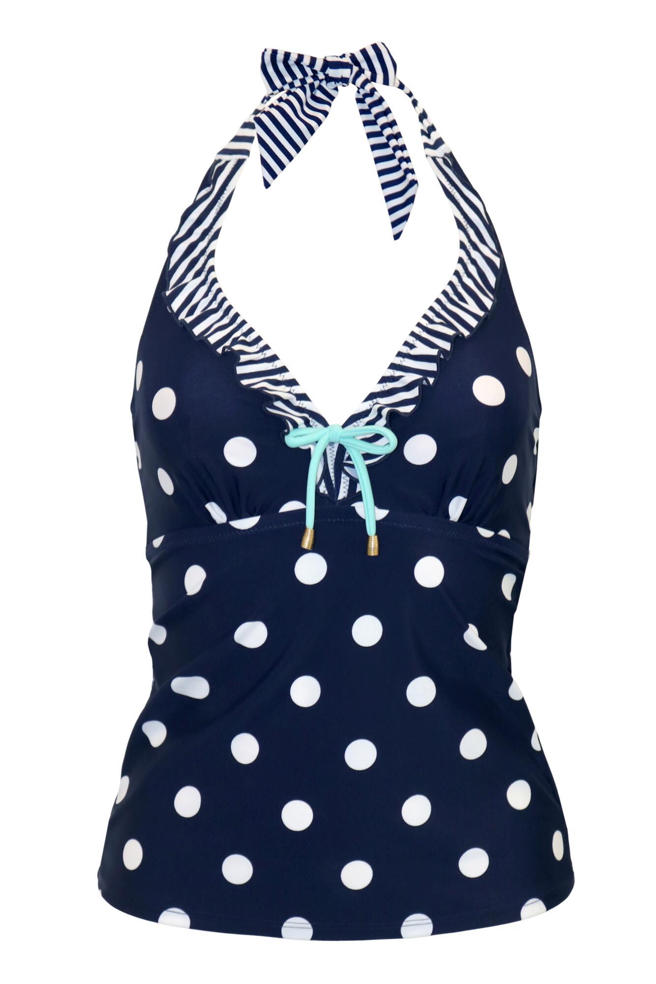 Beach House Underwired Halter Tankini Top in Navy White Aqua Pour Moi