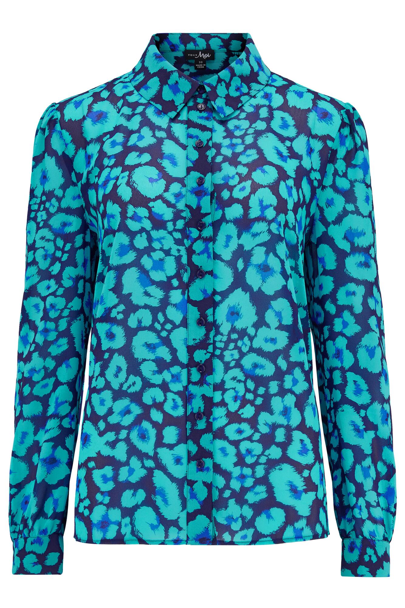 Natalya Fuller Bust Chiffon Shirt in Navy/Aqua | Pour Moi