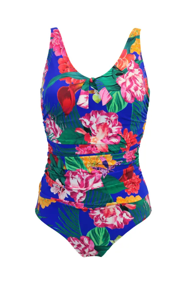 Antigua Scoop Neck Tummy Control Swimsuit in Blue Floral | Pour Moi