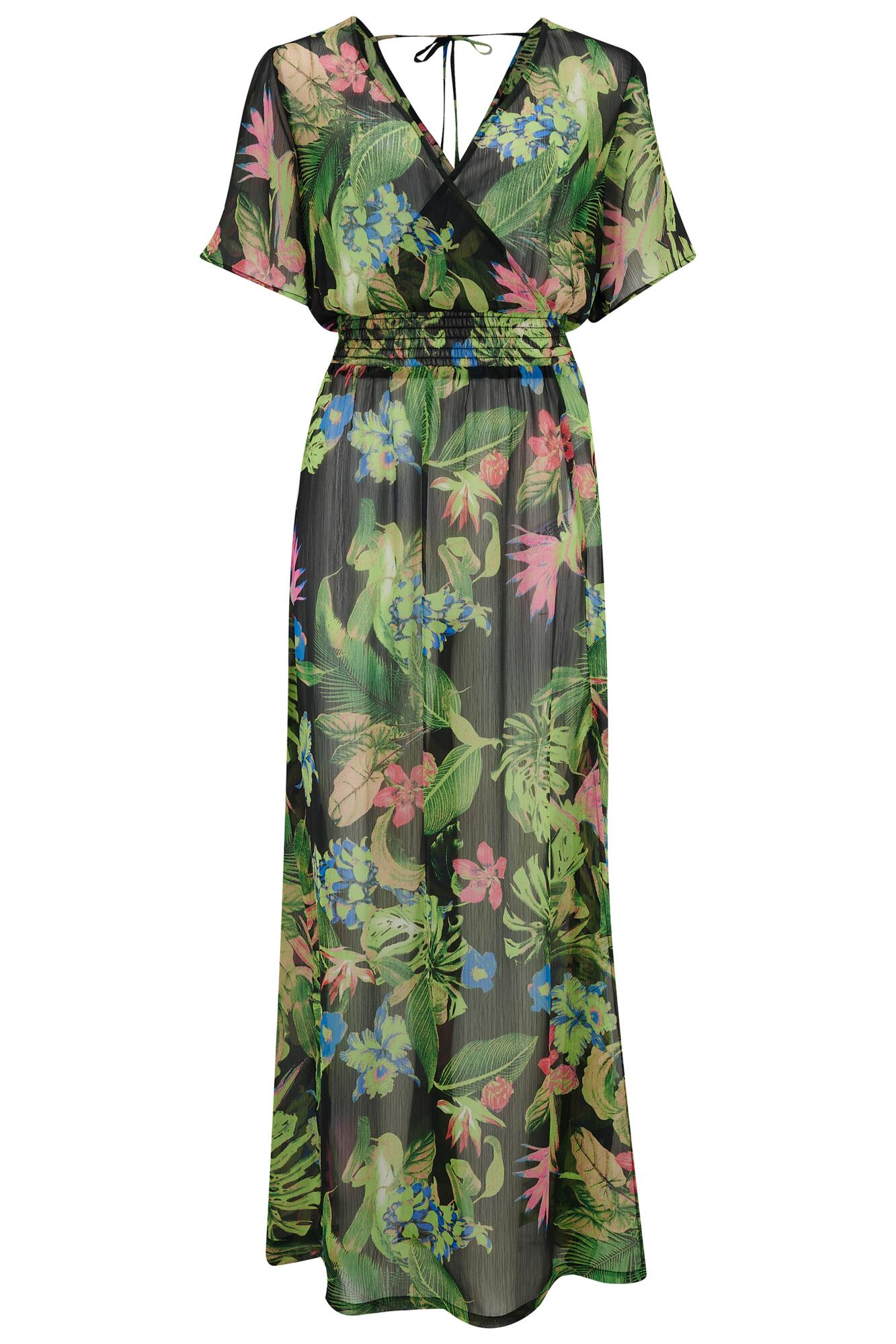 Short Sleeve Chiffon Wrap Maxi Kaftan in Tropical | Pour Moi