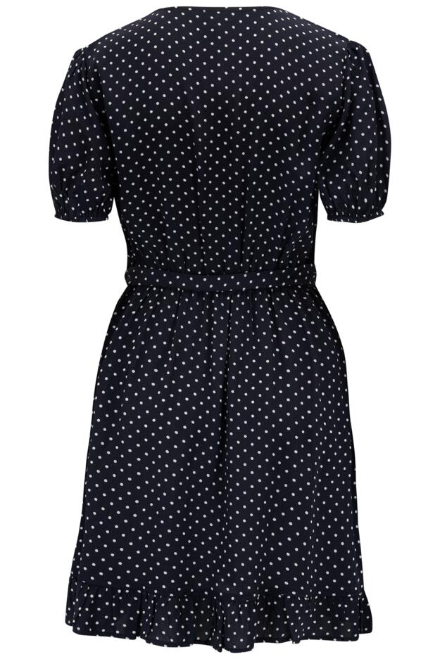 Kelly Woven Viscose Short Sleeve Frill Wrap Dress in Black Spot | Pour Moi