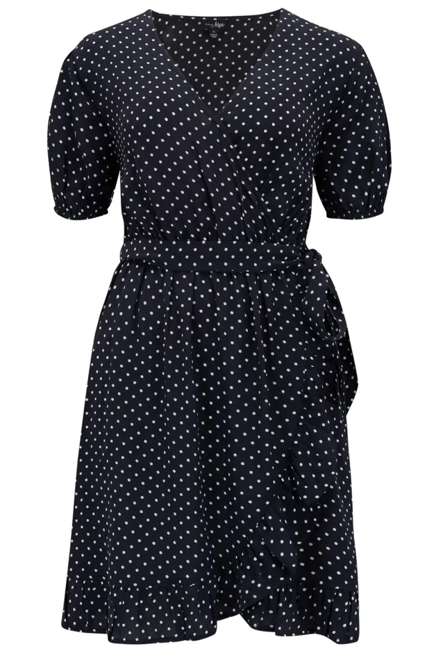Kelly Woven Viscose Short Sleeve Frill Wrap Dress | Black Spot | Pour Moi
