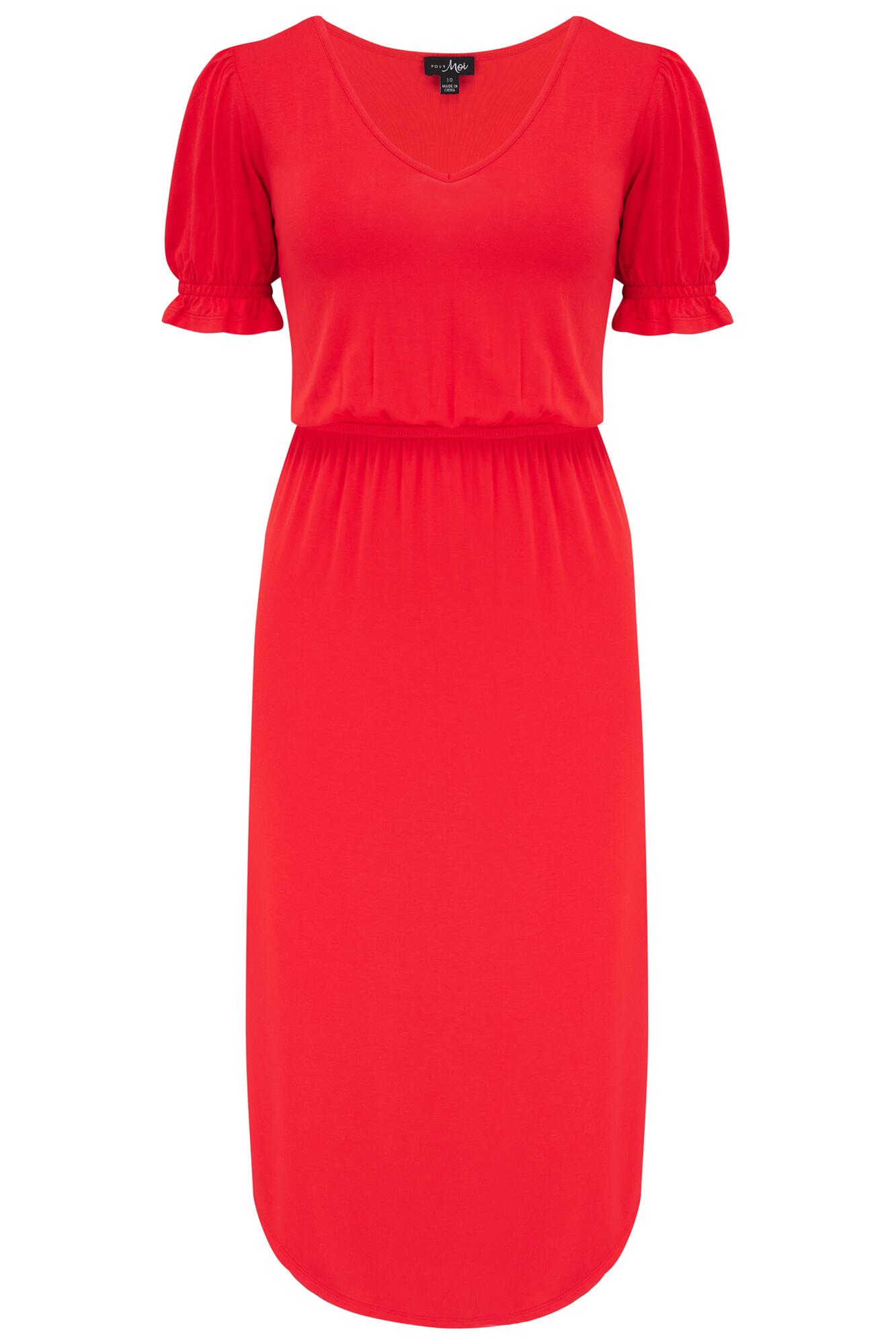 Jenny Fuller Bust Puff Sleeve Jersey Midi Dress in Red | Pour Moi