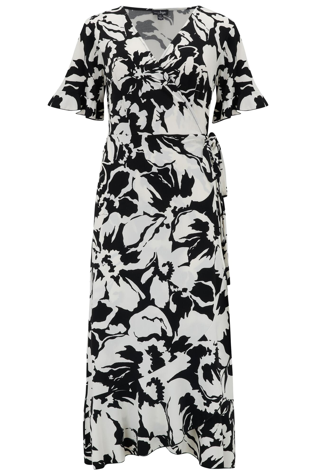 Megan Fuller Bust Slinky Jersey Frill Detail Midi Wrap Dress in Mono ...