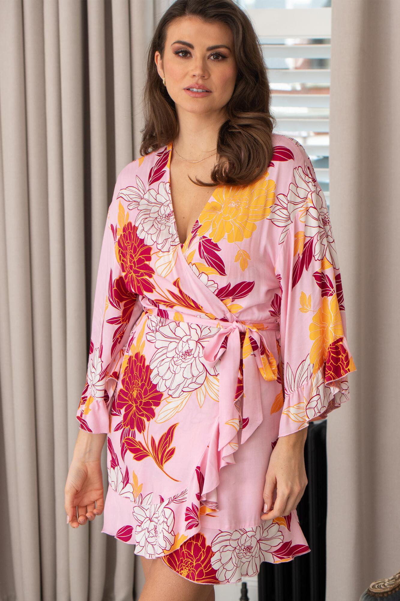 Luxe Woven Frill Detail Dressing Gown in Pink Floral | Pour Moi