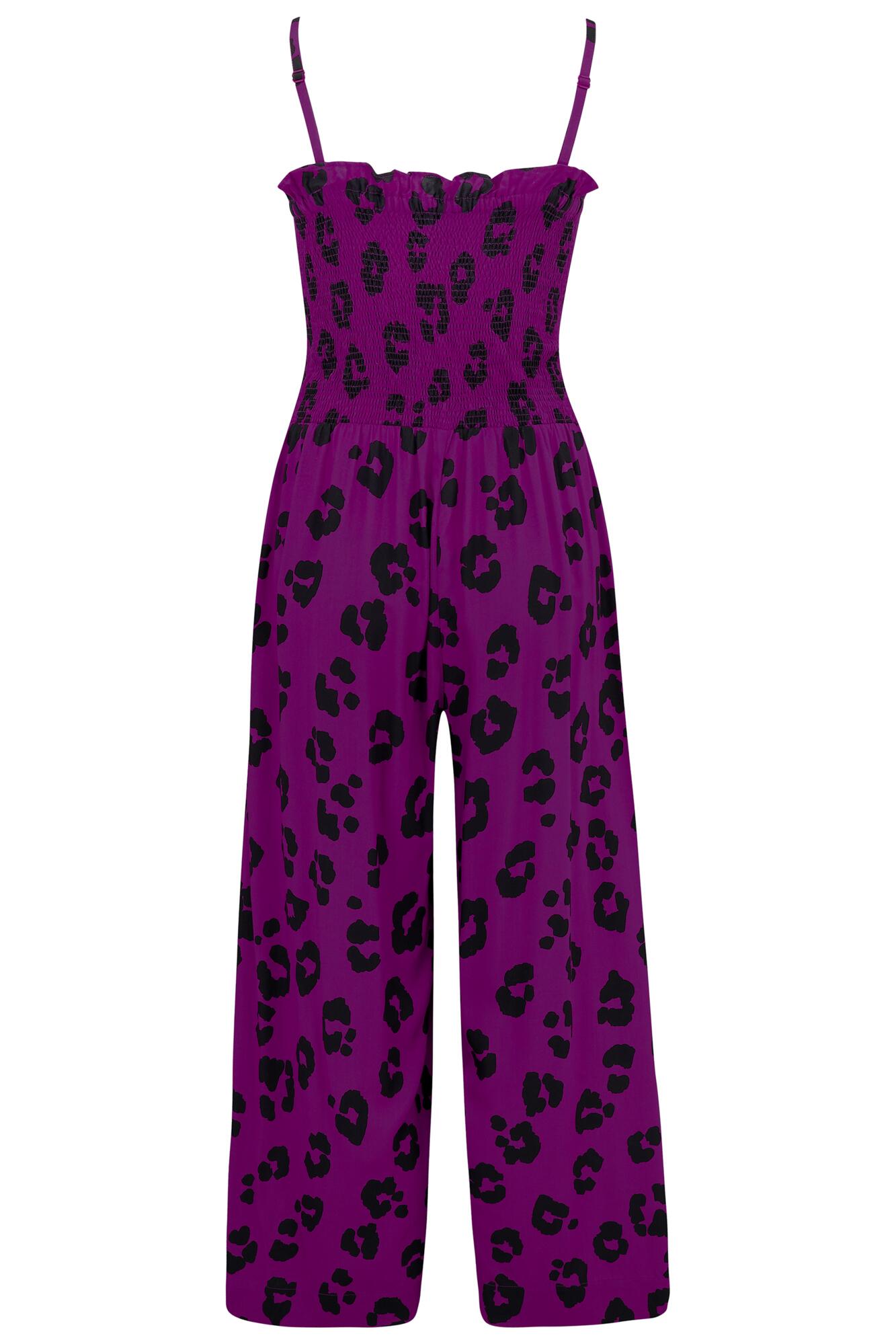 Strapless Shirred Crop Wide Leg Beach Jumpsuit in Violet Leopard Pour Moi