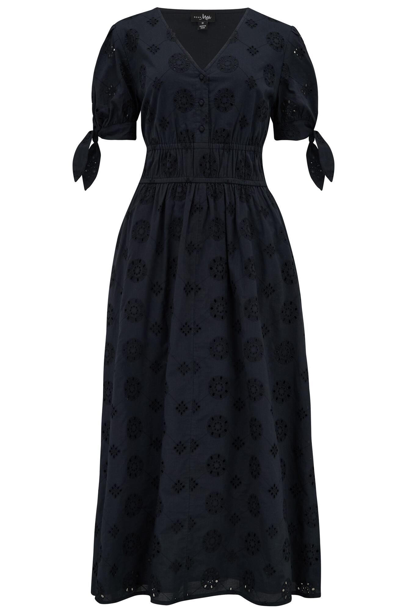 Amanda Cotton Broderie Schiffli Tiered Midaxi Dress in Black | Pour Moi