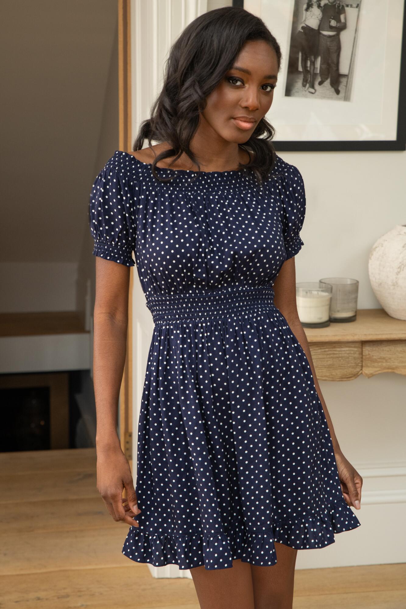 Navy polka shop dot bardot dress