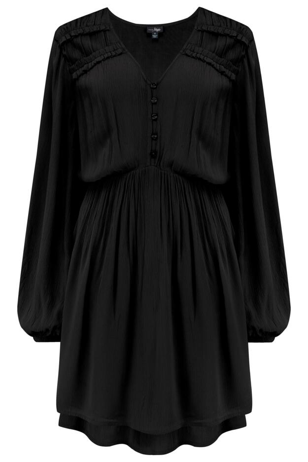 Kate Woven Viscose Button Detail Long Sleeve Dress in Black | Pour Moi
