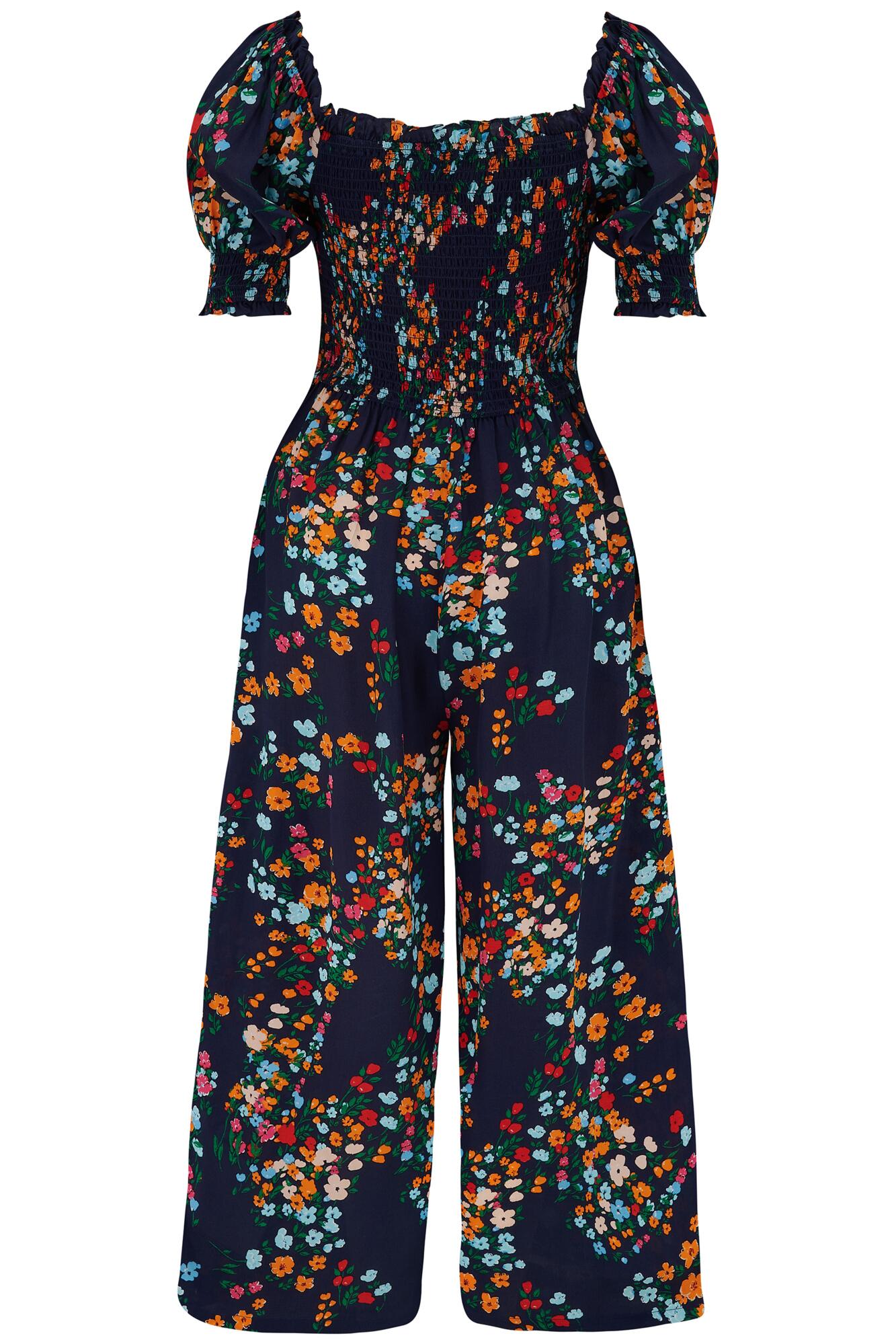 Sally Shirred Bodice Woven Wide Leg Jumpsuit | Navy Floral | Pour Moi