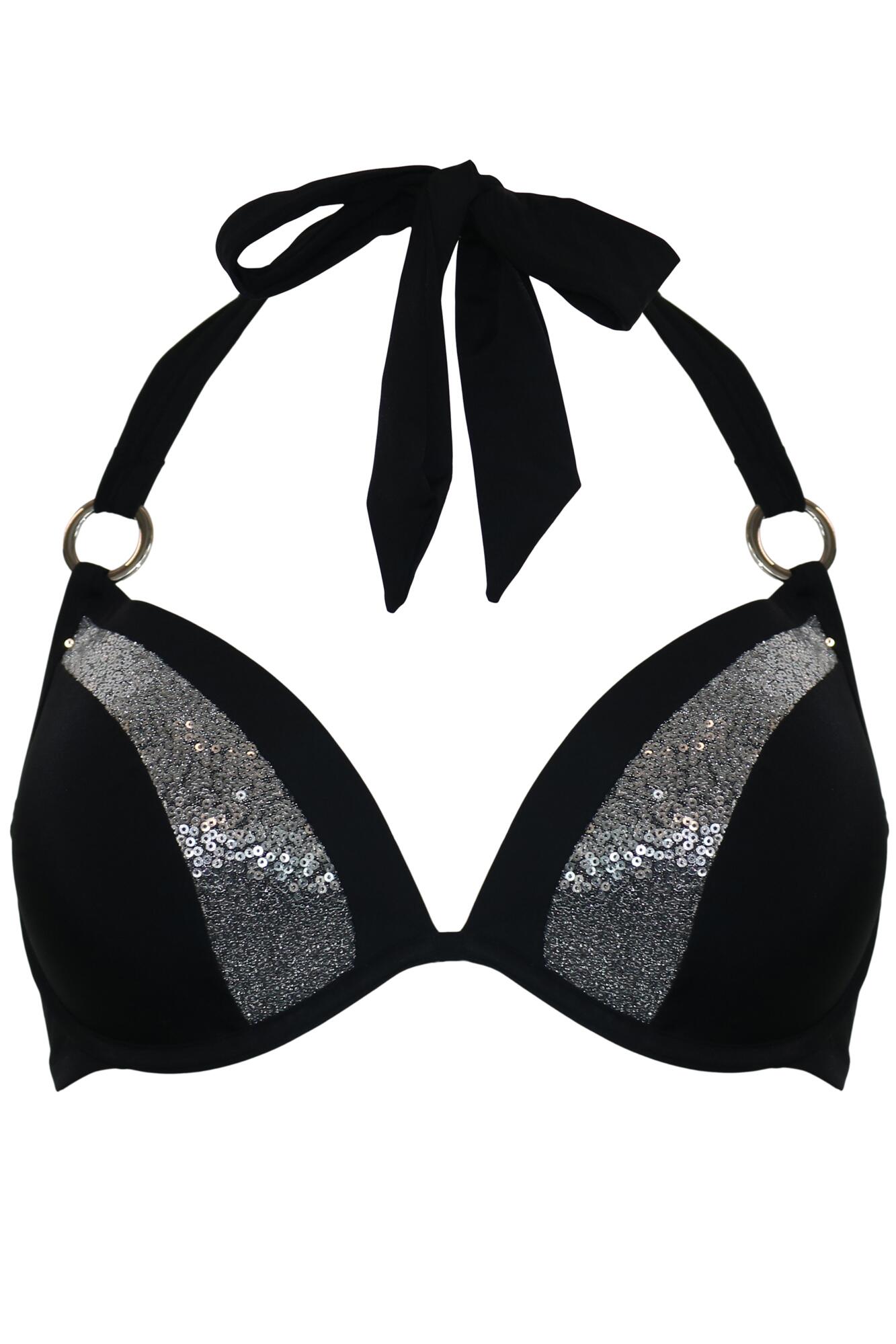 Sea Queen Sequin Boost Padded Underwired Bikini Top in Black Silver Pour Moi