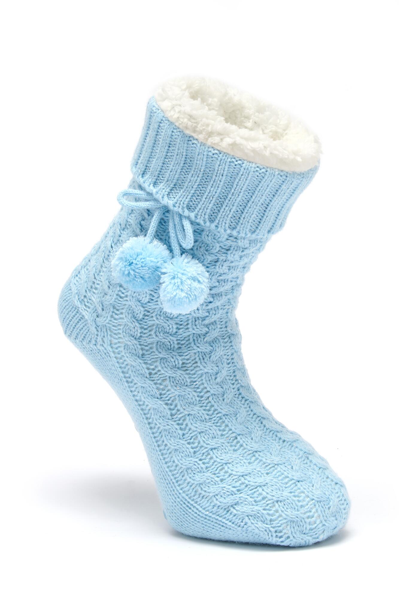 Cosy Cable Lined Knit Slipper Sock in Light Blue Pour Moi