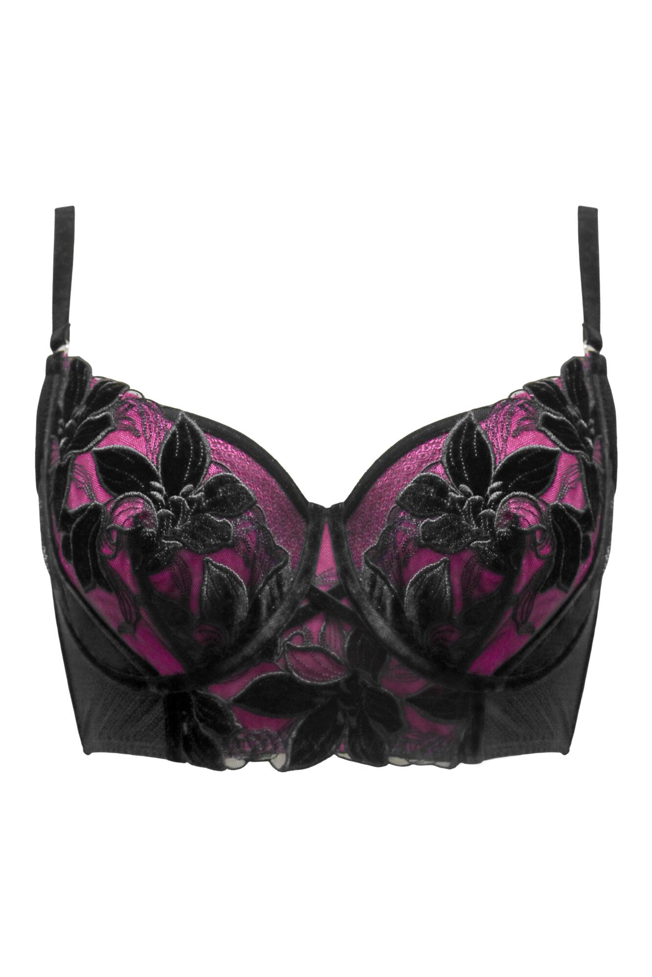 Icon Velvet Non-Padded Underwired Longline Bra In Black/Fuchsia | Pour Moi