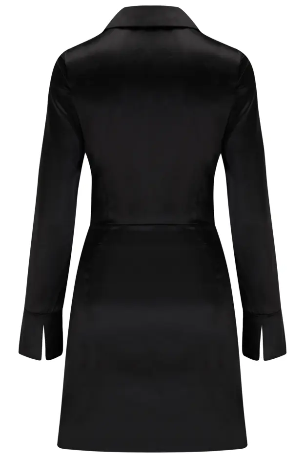 Louisa Satin Wrap Long Sleeve Short Dress | Black | Pour Moi