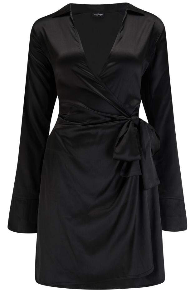 Louisa Satin Wrap Long Sleeve Short Dress in Black | Pour Moi