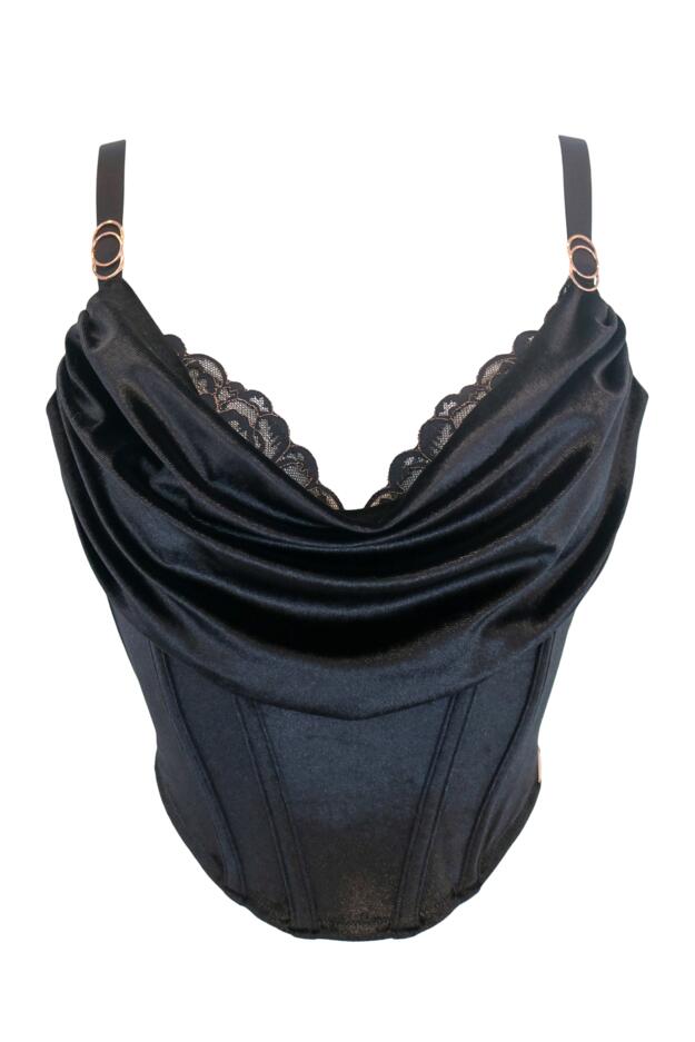 India Velvet Luxe Metallic Lace Cowl Neck Bustier