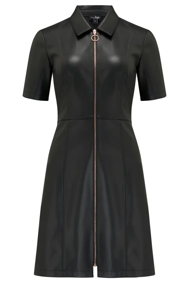 Ella Faux Leather Zip Through Mini Dress in Black/Gold | Pour Moi