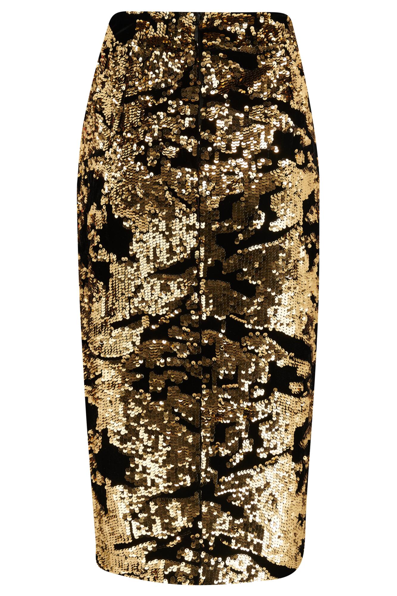 Selena Velvet Sequin Pencil Skirt in Black Gold Pour Moi