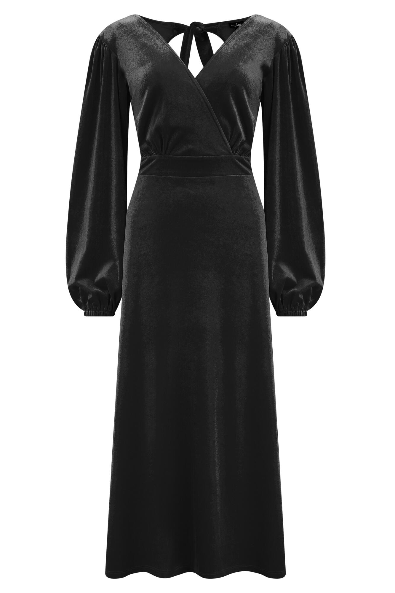 Charlotte Tie Back Stretch Velvet Long Sleeve Midi Dress - Black