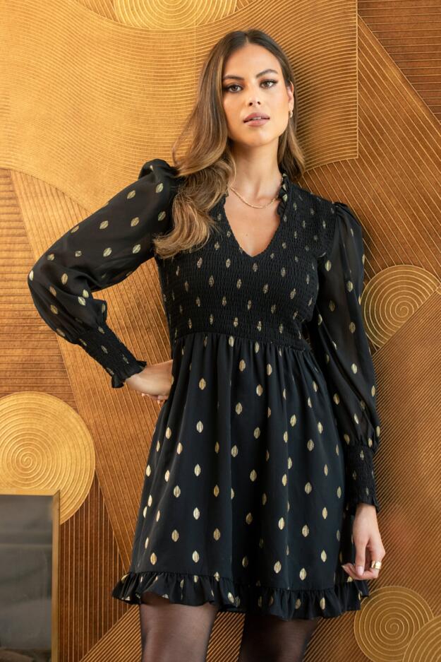 Izzy Shirred Bodice Long Sleeve Chiffon Dress 