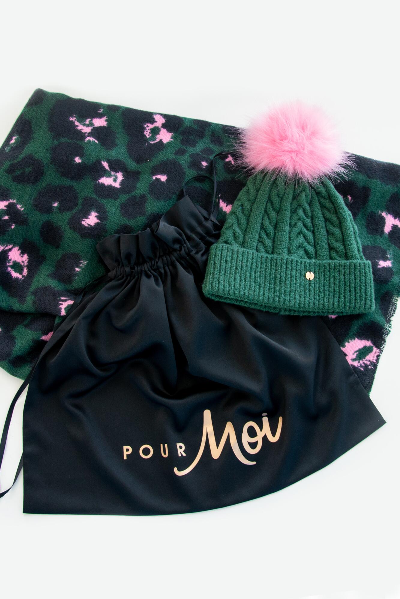 Pour Moi Black Cable Knit Contrast Pom Beanie Hat