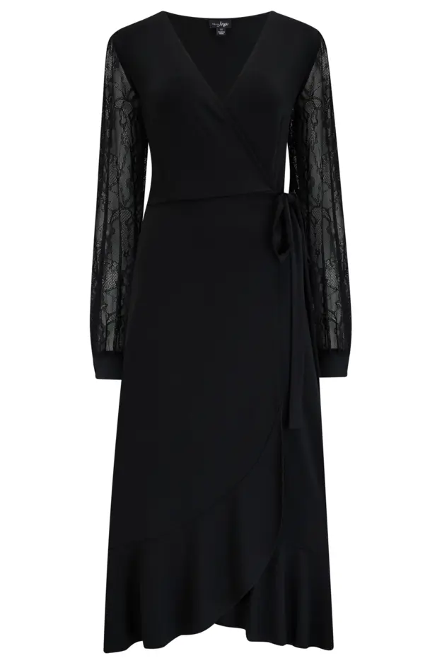 Carrie Lace Sleeve Midi Slinky Jersey Wrap Dress in Black | Pour Moi