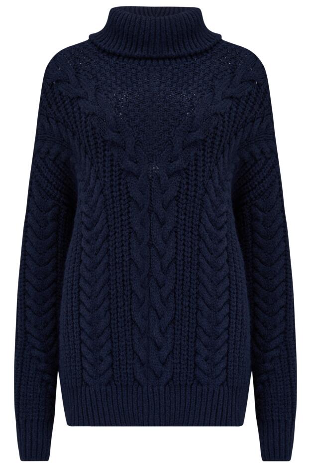 Alice Chunky Cable Knit Roll Neck Knit Jumper | Navy | Pour Moi