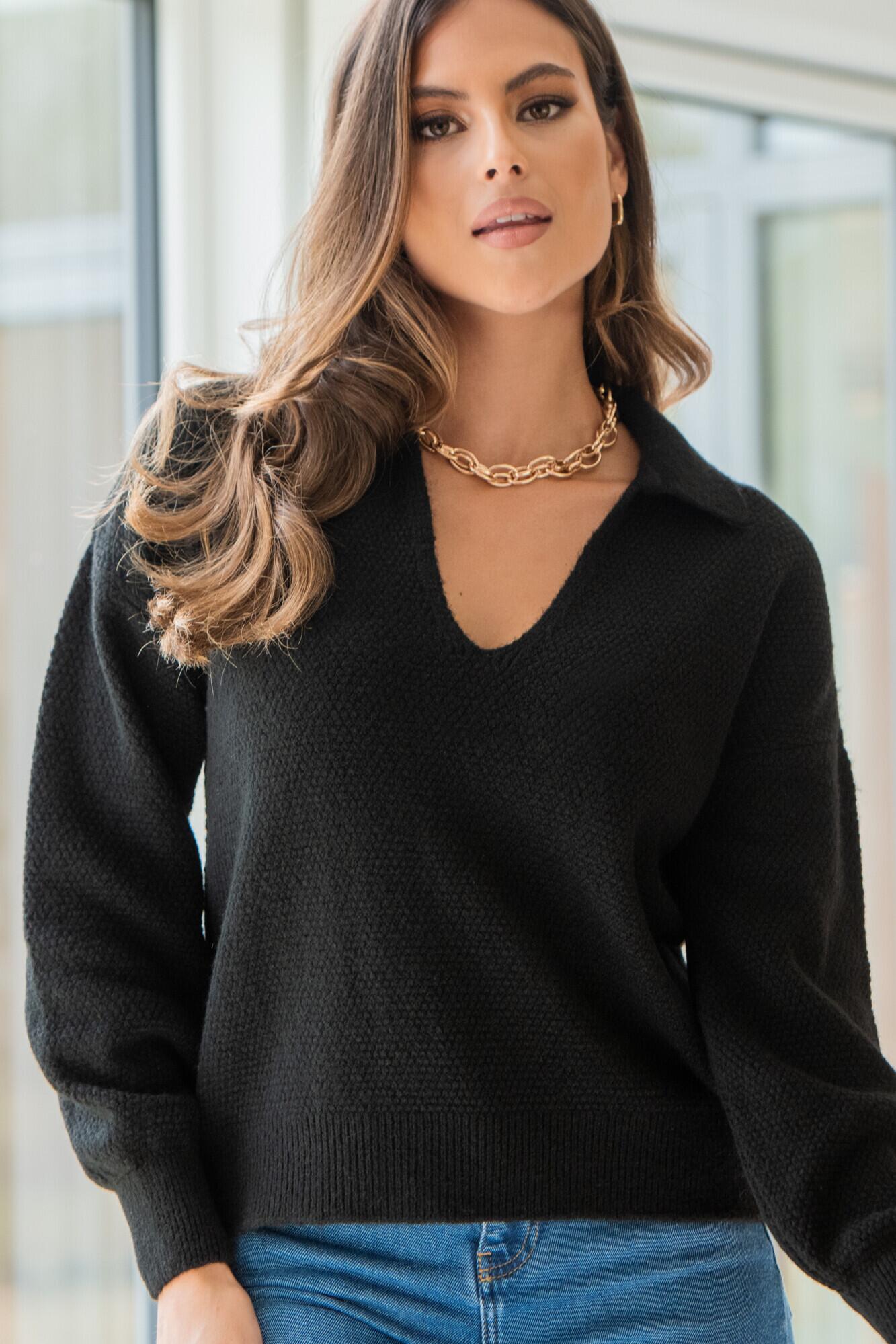 Kerry V-Neck Textured Knit Collared Jumper | Black | Pour Moi