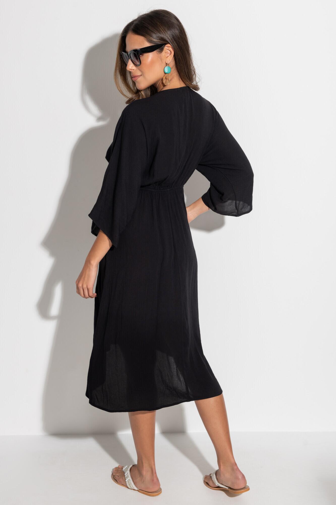 LENZING ECOVERO Viscose Crinkle O Ring Midi Beach Cover Up in Black Pour Moi